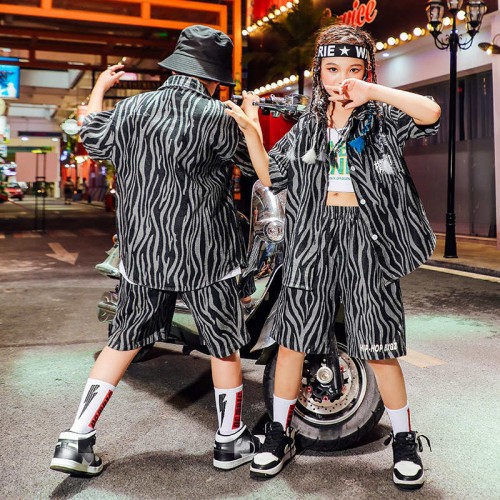 Children Zebra printed Street rapper jazz dance costumes for kids boy girl  gogo dancers stage performance outfits model show suit